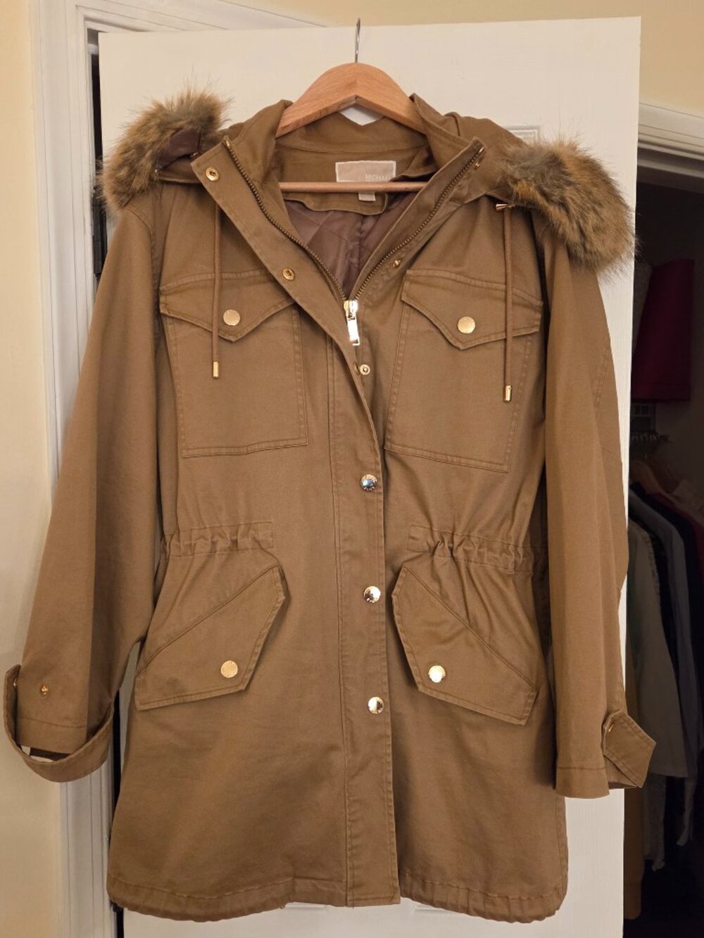 Michael Kors Khaki Jacket w/Fur Collar -- Neutral Luxe Coat